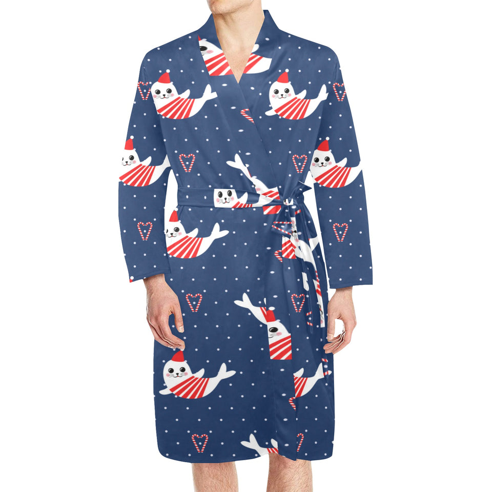 Cute sea lion seal christmas hat candy cane heart Men's Long Sleeve Belted Night Robe
