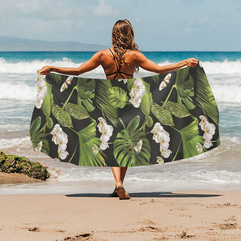 White orchid flower tropical leaves pattern blackg Beach Towel