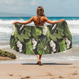 White orchid flower tropical leaves pattern blackg Beach Towel