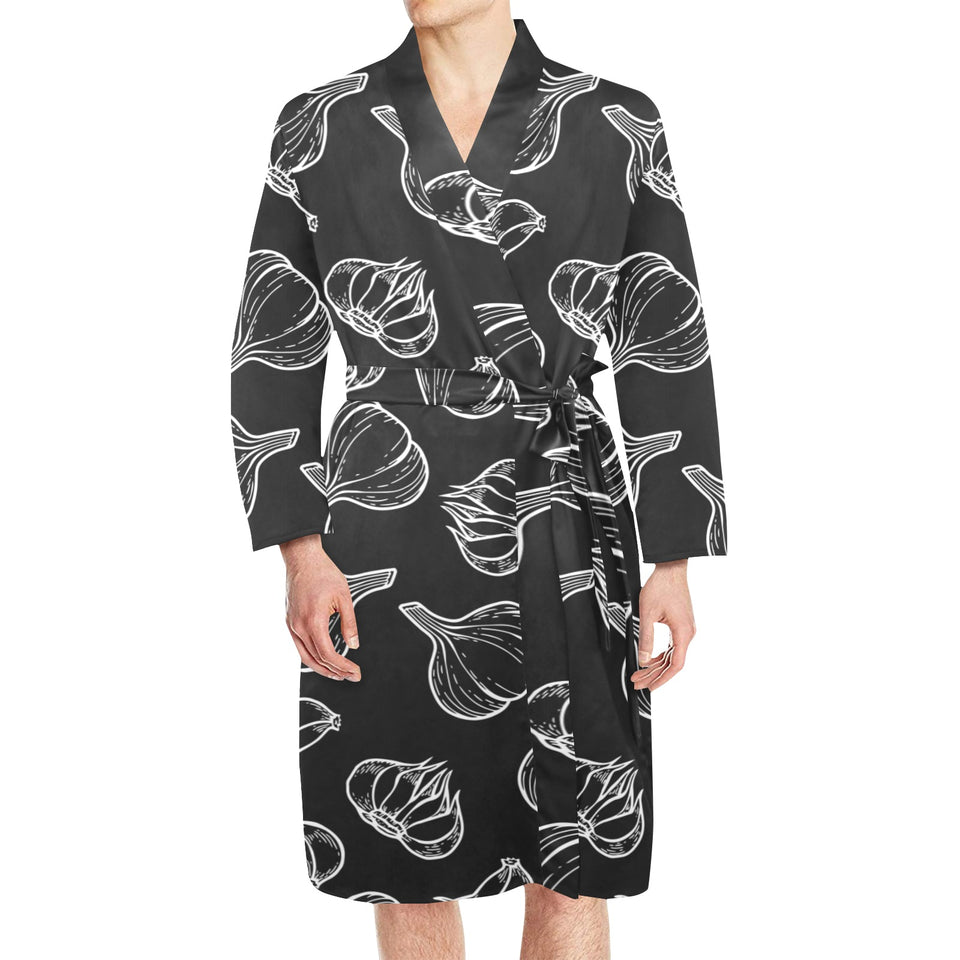 Garlic pattern black background Men's Long Sleeve Belted Night Robe
