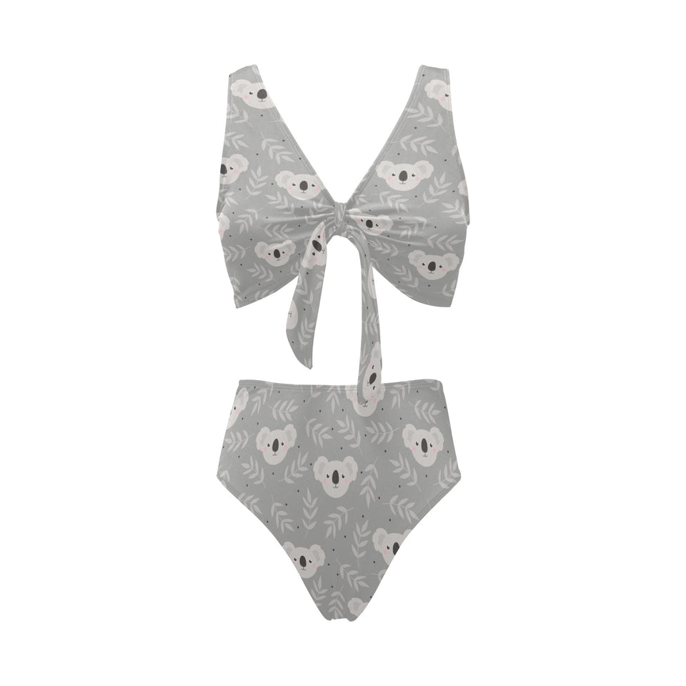 Cute koala leaves pattern Chest Bowknot High Waisted Bikini Swimsuit