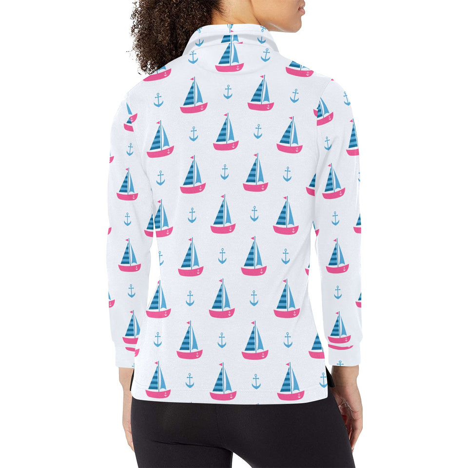 Sailboat anchor pattern Women's Long Sleeve Polo Shirt