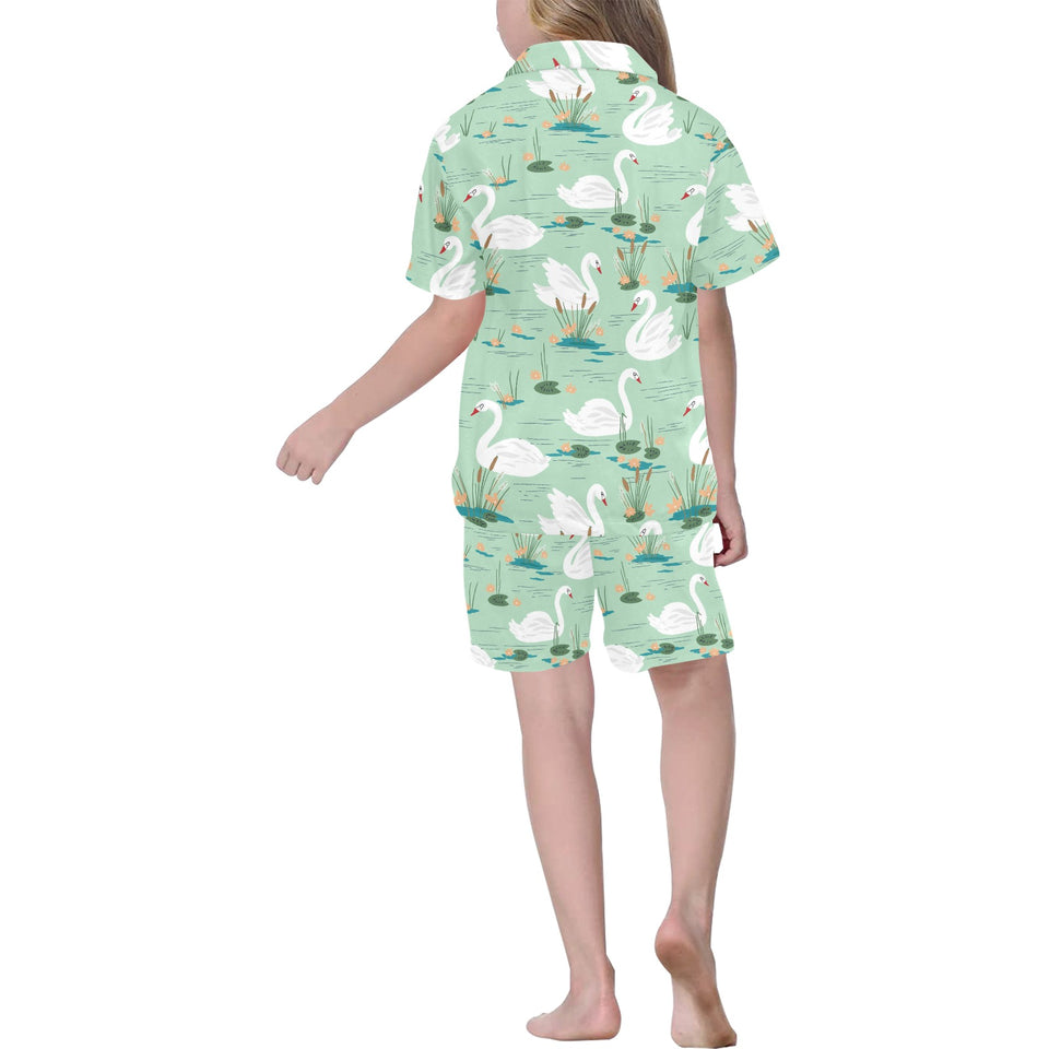White swan lake pattern Kids' Boys' Girls' V-Neck Short Pajama Set