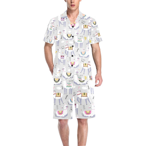 Cute Llama Alpaca pattern Men's V-Neck Short Pajama Set