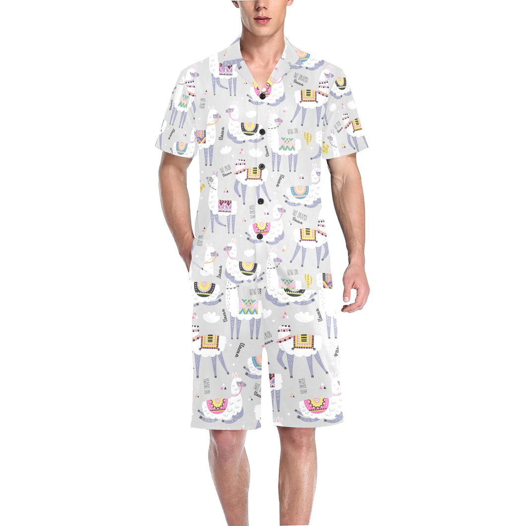 Cute Llama Alpaca pattern Men's V-Neck Short Pajama Set