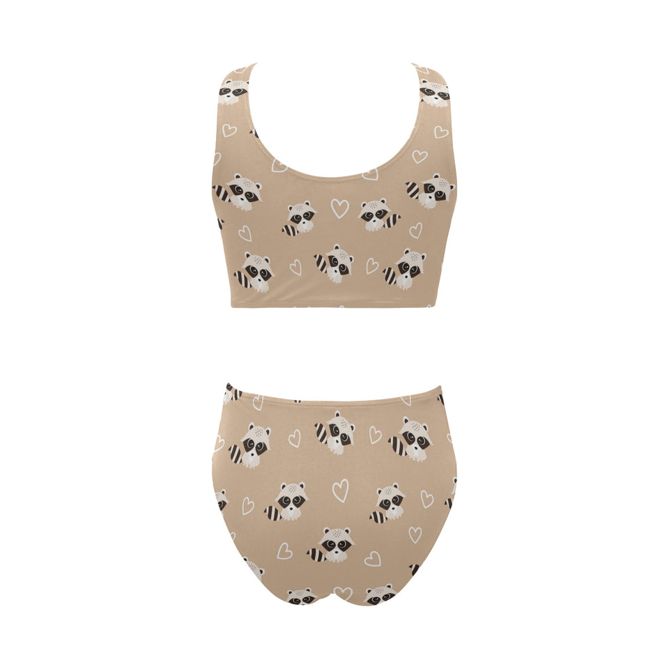 Cute raccoon heart pattern Chest Bowknot High Waisted Bikini Swimsuit