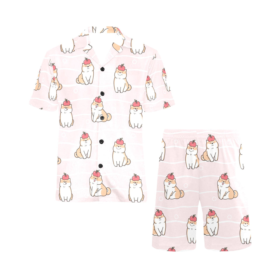 Cute Shiba Inu Dog Apple pattern Men's V-Neck Short Pajama Set
