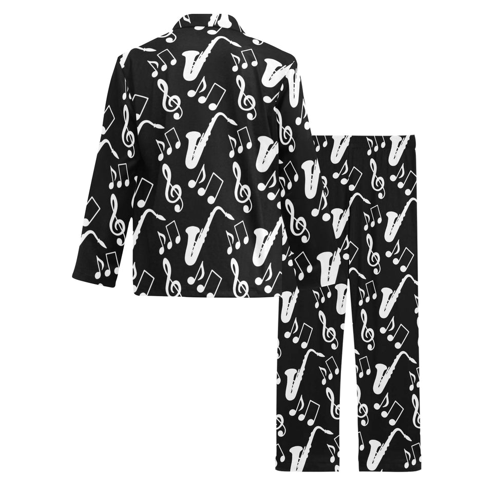 Saxophone music notes treble clef black white them Men's Long Pajama Set