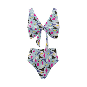 Stingray Pattern Print Design 01 Chest Bowknot High Waisted Bikini Swimsuit