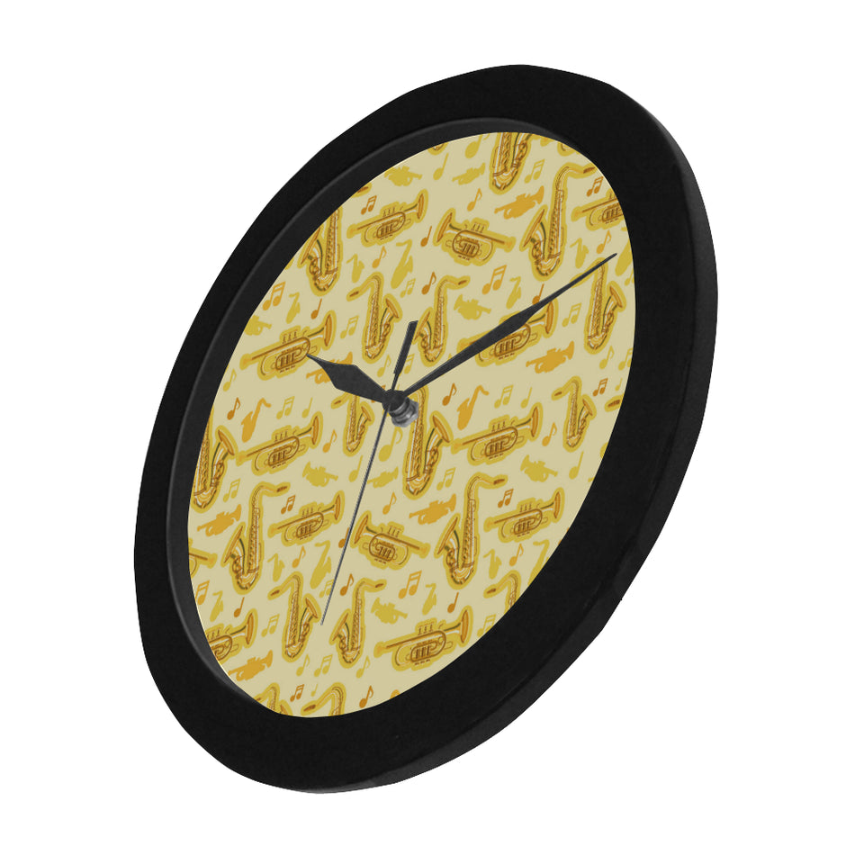 Saxophone cornet pattern yellow background Elegant Black Wall Clock