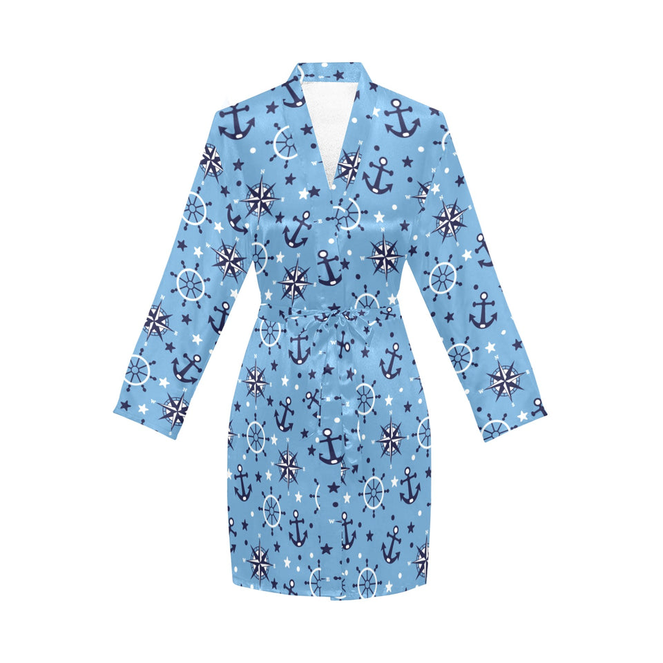 Anchors rudder compass star nautical pattern Women's Long Sleeve Belted Night Robe