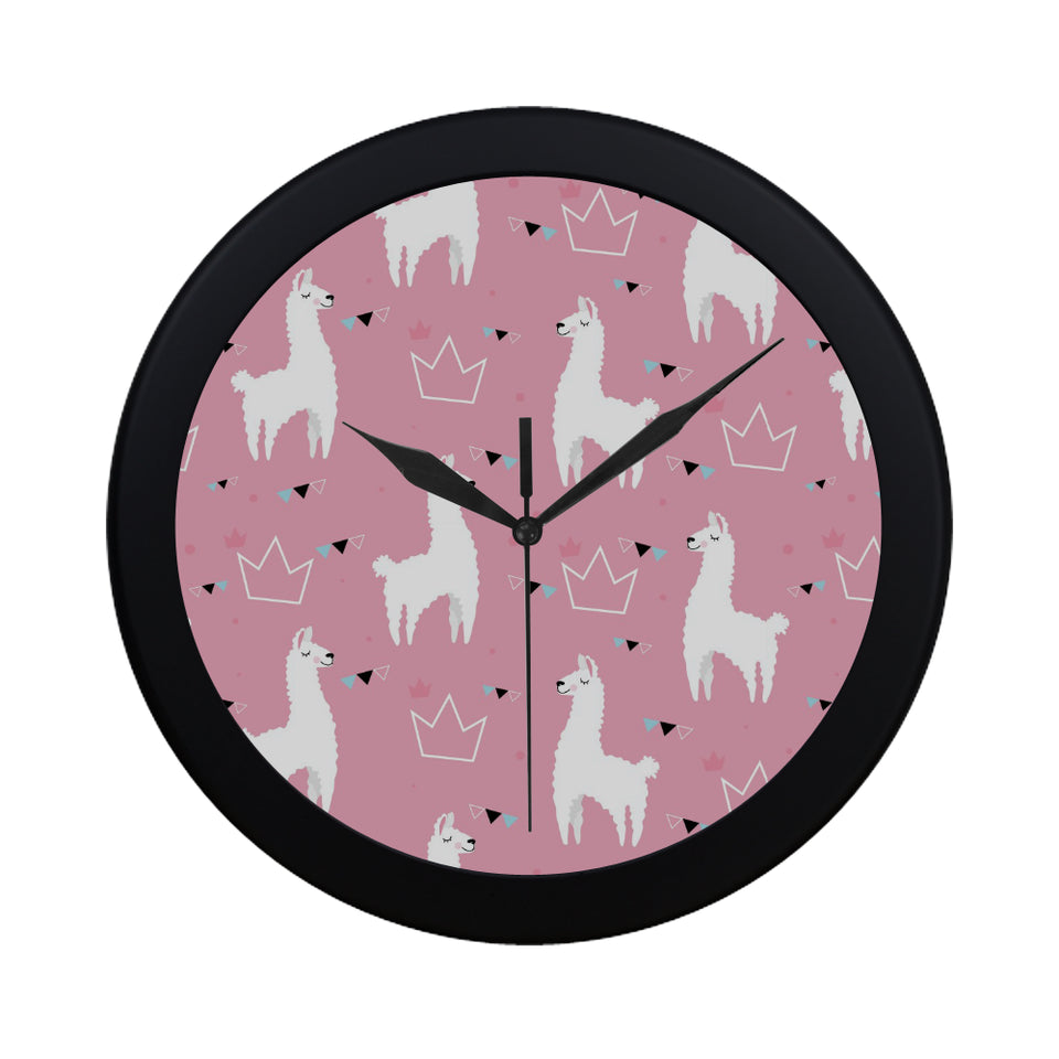 Llama Alpaca pink background Elegant Black Wall Clock