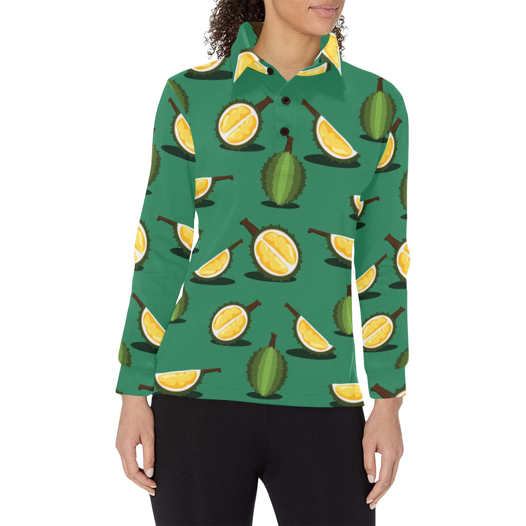 Durian pattern green background Women's Long Sleeve Polo Shirt