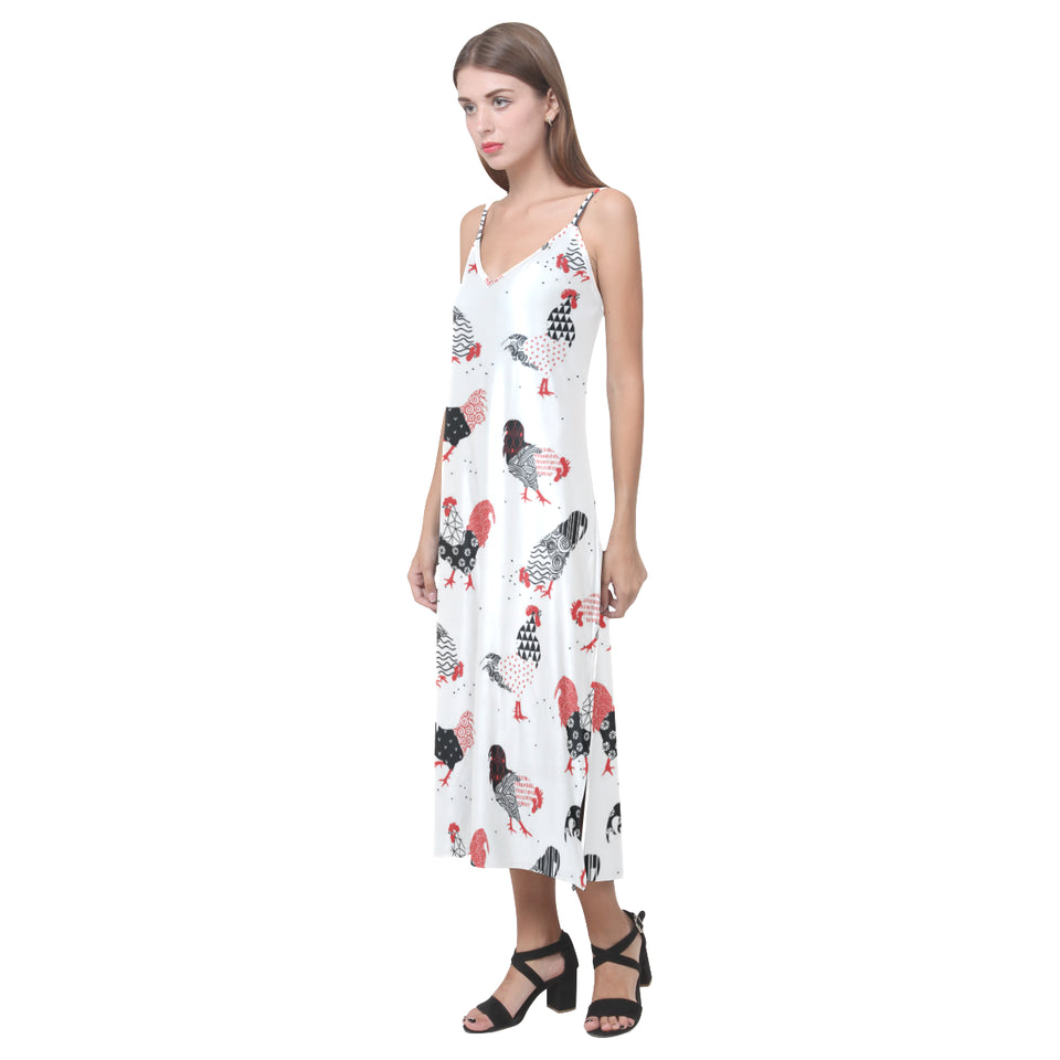 Cool rooster chicken cock floral ornament backgrou V-Neck Open Fork Long Dress