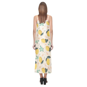 lemon flower leave pattern V-Neck Open Fork Long Dress
