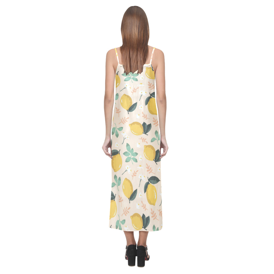 lemon flower leave pattern V-Neck Open Fork Long Dress