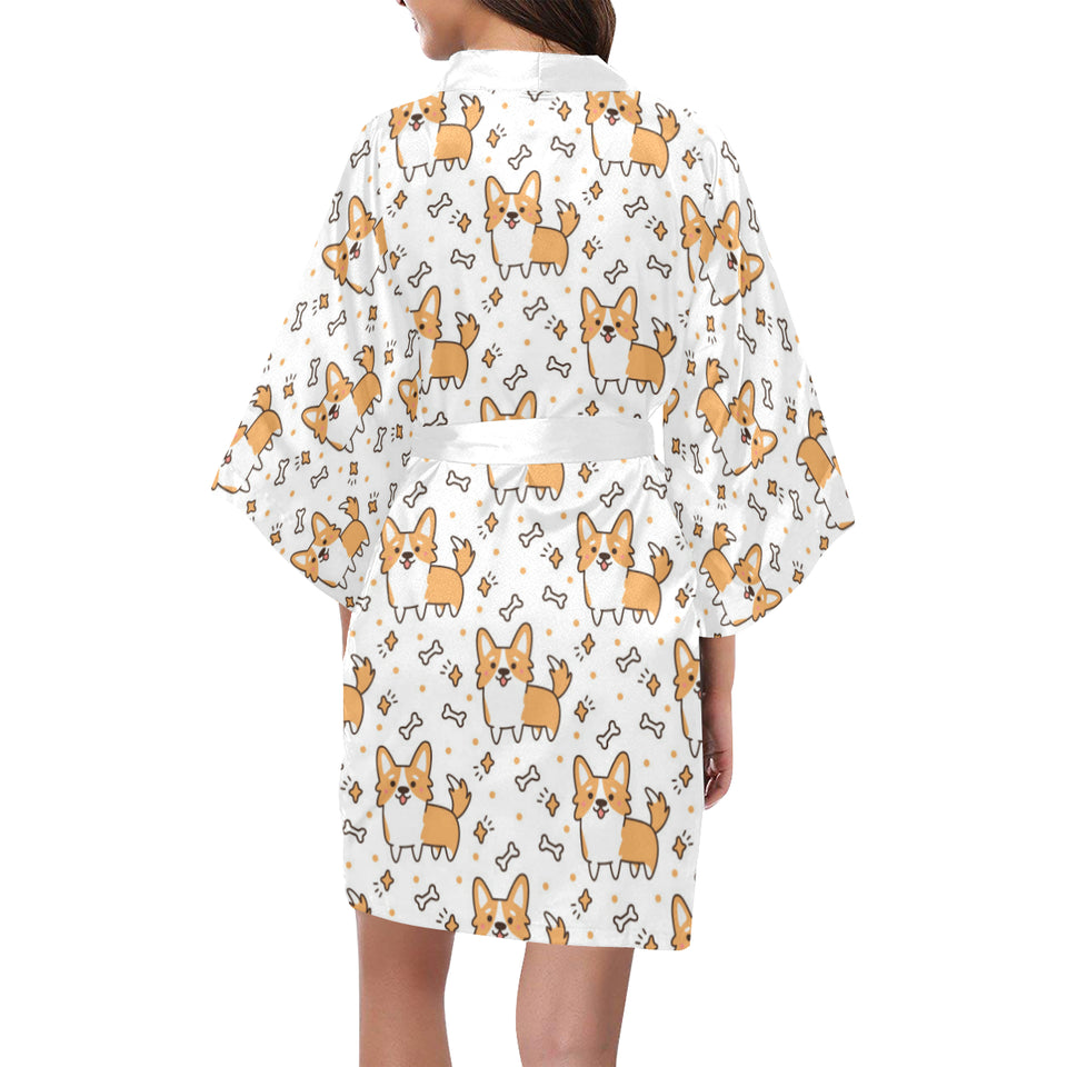 Cute corgi heart star bone pattern Women's Short Kimono Robe