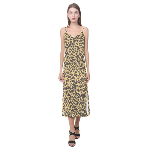 Leopard skin print V-Neck Open Fork Long Dress