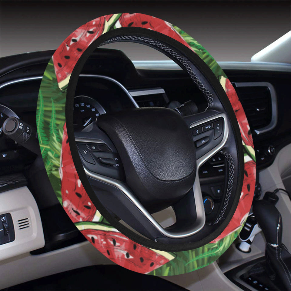 Watermelons tropical palm leaves pattern backgroun Car Steering Wheel Cover