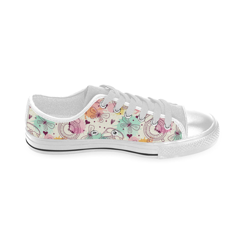 Clock butterfly pattern Men's Low Top Canvas Shoes White