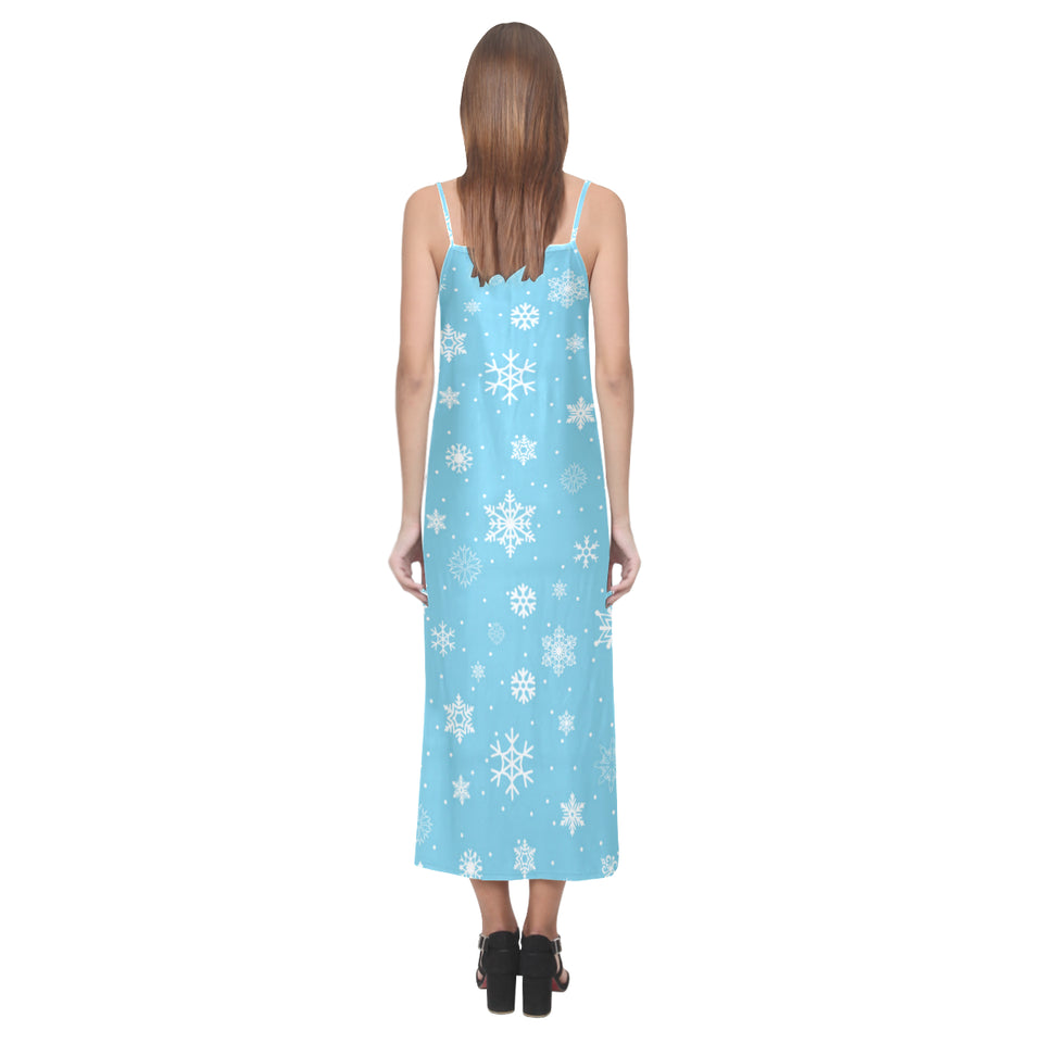 Snowflake pattern blue background V-Neck Open Fork Long Dress