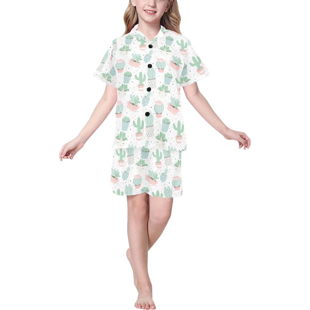 Pastel color cactus pattern Kids' Boys' Girls' V-Neck Short Pajama Set