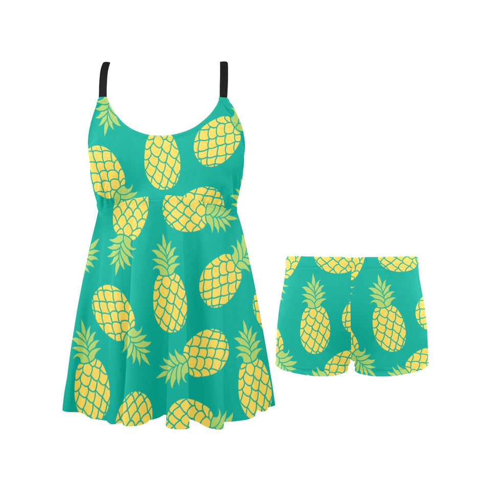 Pineapples pattern green background Chest Sexy Pleated Two Piece Swim Dress