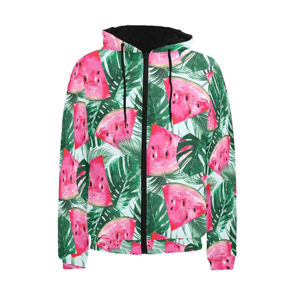 Watermelons tropical palm leaves pattern Men's Padded Hooded Jacket
