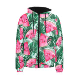 Watermelons tropical palm leaves pattern Men's Padded Hooded Jacket
