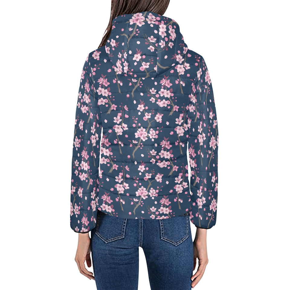 Pink sakura cherry blossom blue background Women's Padded Hooded Jacket