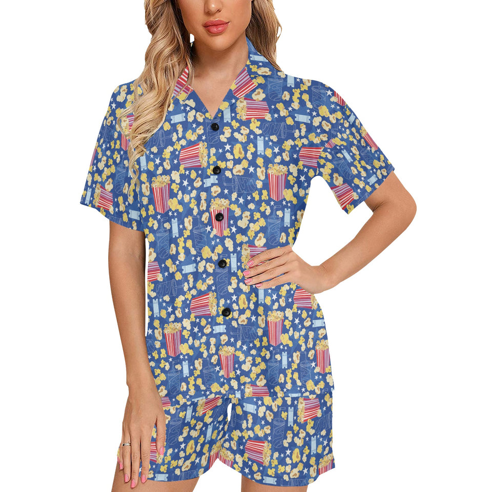 Popcorn Pattern Print Design 01 Women's V-Neck Short Pajama Set