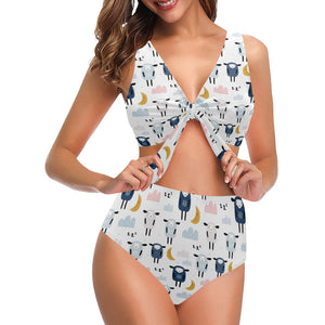 Cute sleeping sheep moon cloud pattern Chest Bowknot High Waisted Bikini Swimsuit