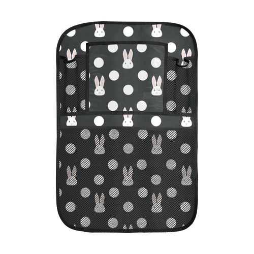 Cute white rabbit polka dots black background Car Seat Back Organizer