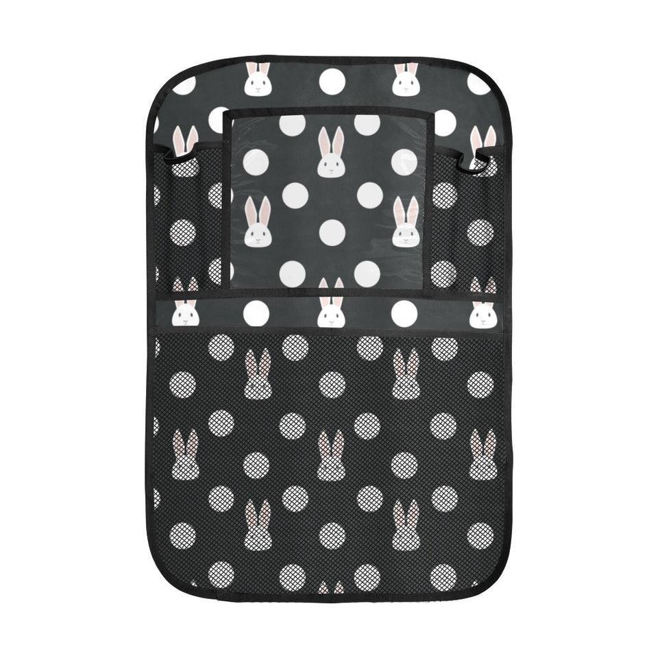 Cute white rabbit polka dots black background Car Seat Back Organizer