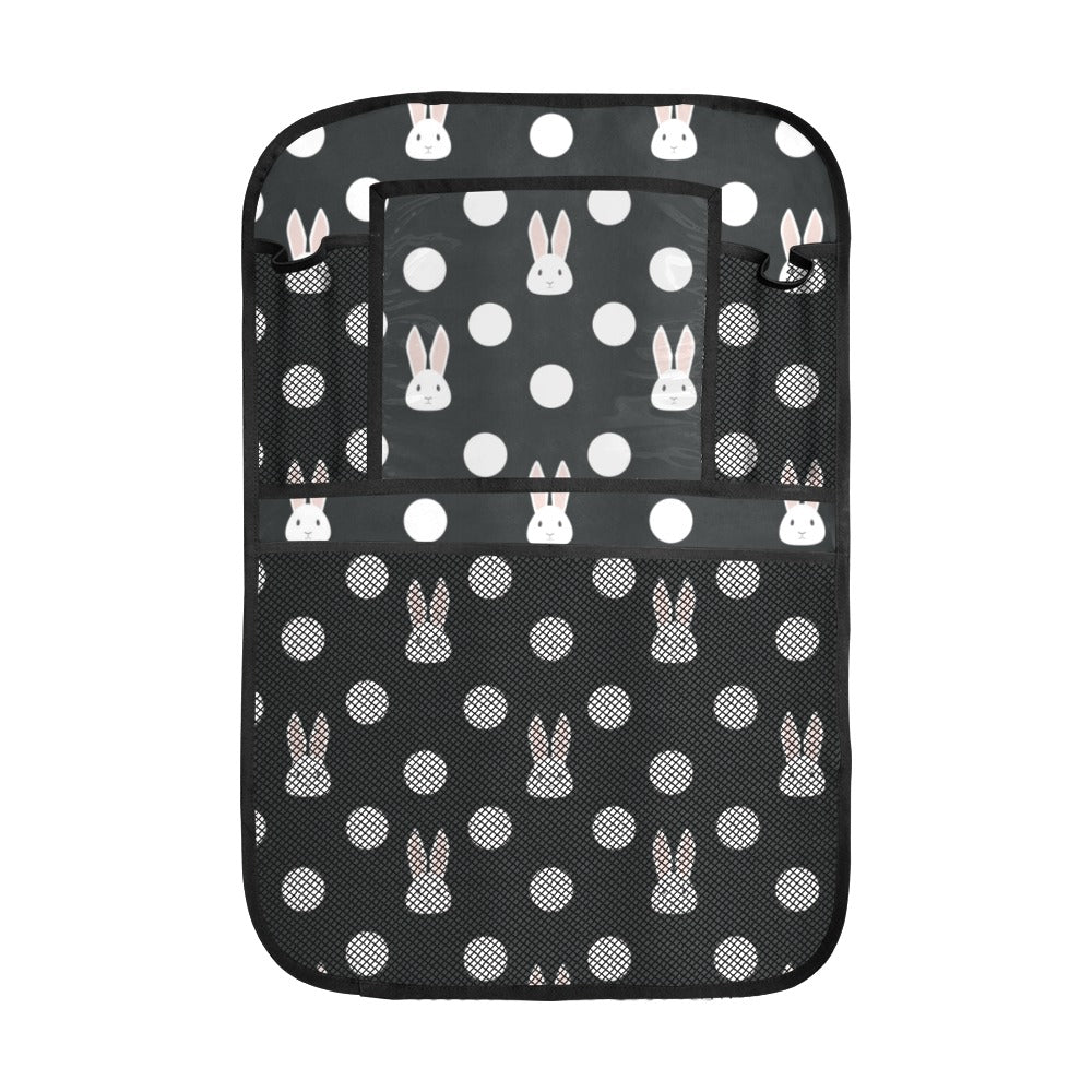 Cute white rabbit polka dots black background Car Seat Back Organizer