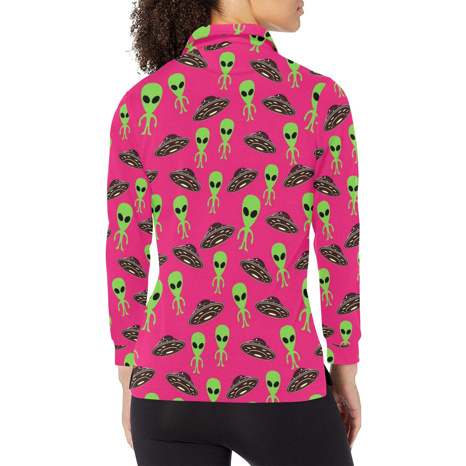Alien Pattern Print Design 03 Women's Long Sleeve Polo Shirt