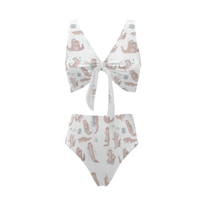 Cute sea otters pattern Chest Bowknot High Waisted Bikini Swimsuit