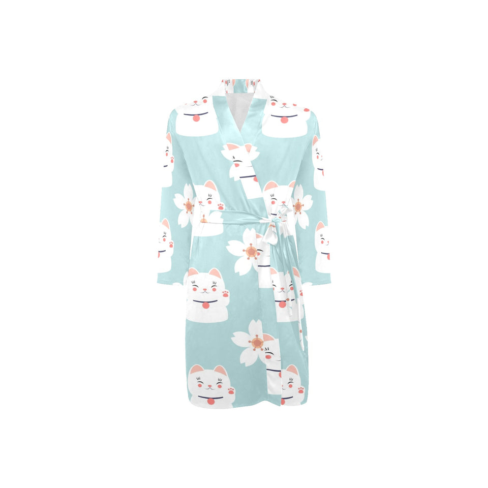 Maneki neko cat sakura Men's Long Sleeve Belted Night Robe