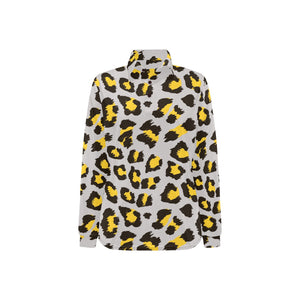 Gray Leopard print pattern Women's Long Sleeve Polo Shirt