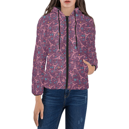 Eiffel Tower Heart Pattern Print Design 04 Women's Padded Hooded Jacket