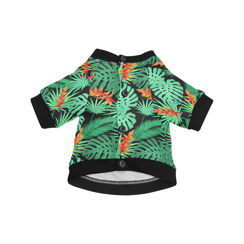 heliconia flower palm monstera leaves black backgr All Over Print Pet Dog Round Neck Fuzzy Shirt