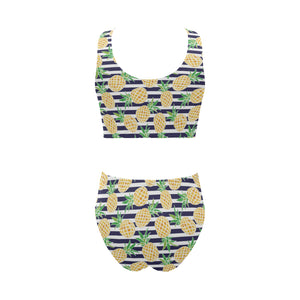 Pineapples pattern striped background Chest Bowknot High Waisted Bikini Swimsuit
