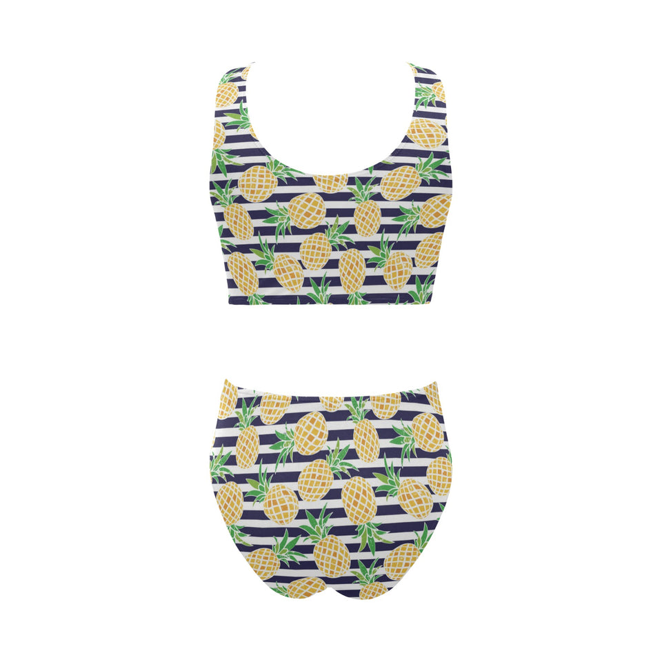 Pineapples pattern striped background Chest Bowknot High Waisted Bikini Swimsuit
