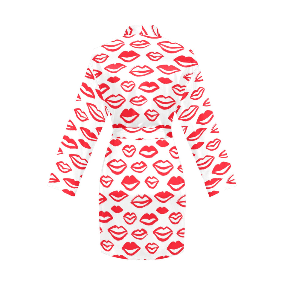 Lips Pattern Print Design 05 Women's Long Sleeve Belted Night Robe