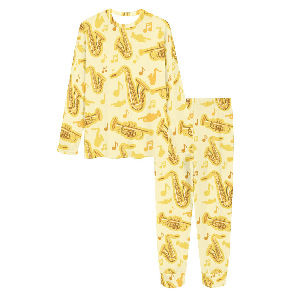 Saxophone cornet pattern yellow background Women's All Over Print Pajama Set