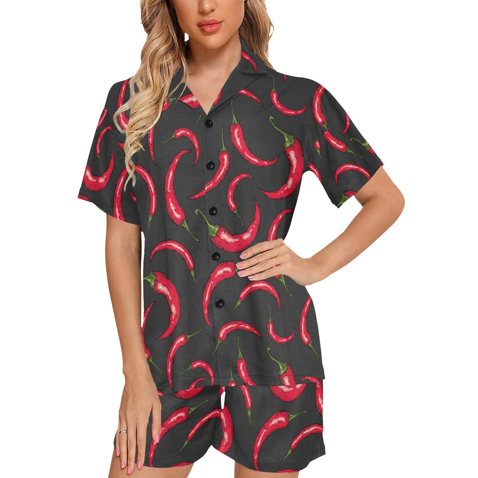 Chili peppers pattern black background Women's V-Neck Short Pajama Set