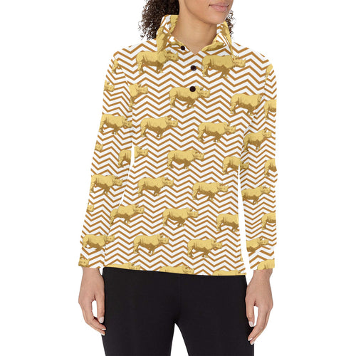 Rhino yellow theme pattern Women's Long Sleeve Polo Shirt