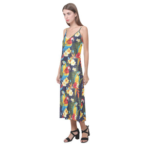 Colorful parrot flower pattern V-Neck Open Fork Long Dress