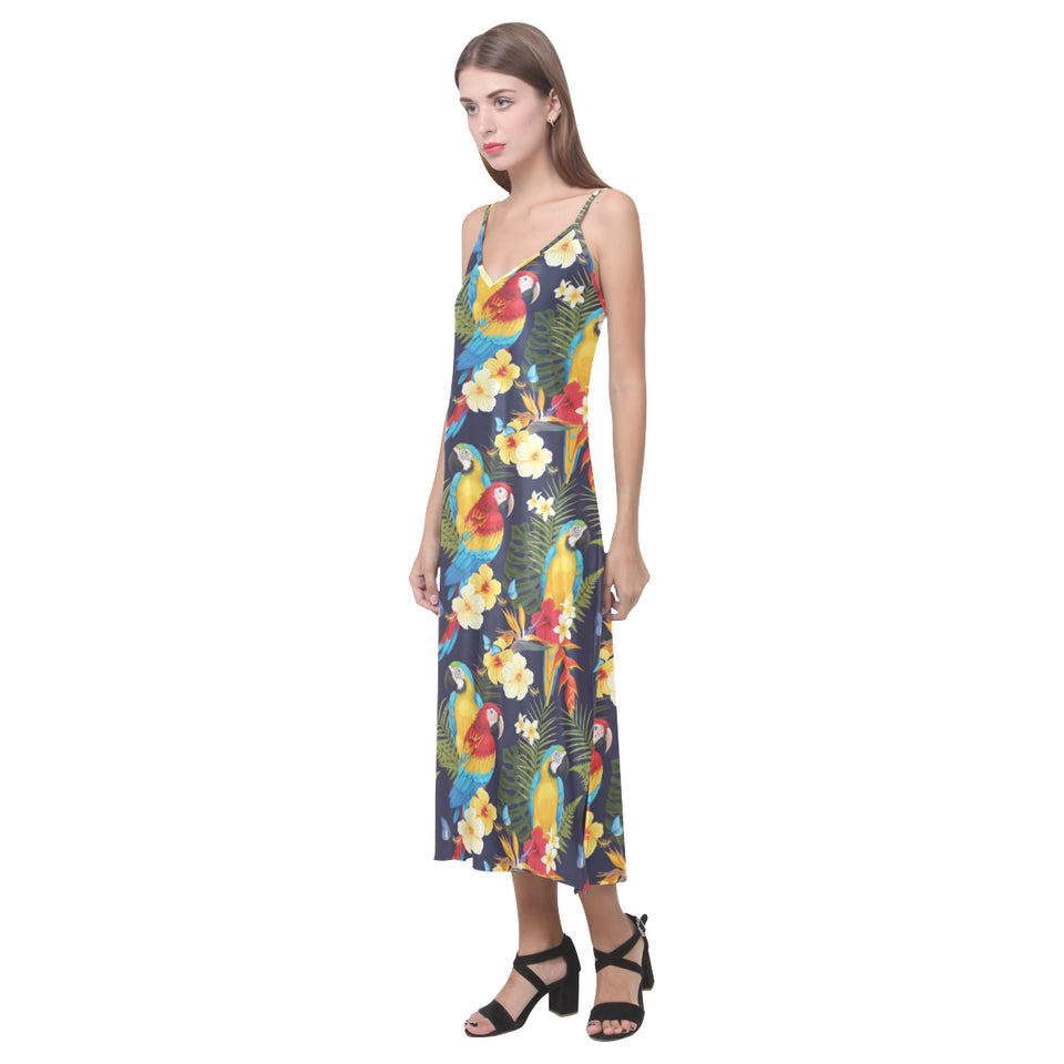 Colorful parrot flower pattern V-Neck Open Fork Long Dress