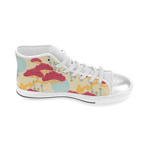 Red Bonsai gray sun japanese pattern Women's High Top Canvas Shoes White